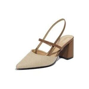 Women’s Point Toe Slingback Chunky Heels – Brown & Beige Linen  41 US 10